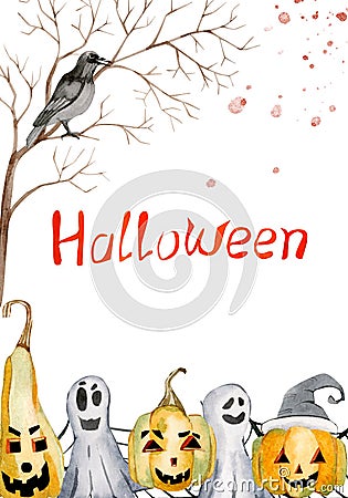 Watercolor Halloween pumpkin party for greeting card, design, invitation, banner, print. Holiday print Stock Photo