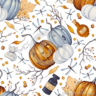 Watercolor Halloween seamless pattern with illustration of pumpkin, poison in a flask, branch, autumn leaves, berries Cartoon Illustration