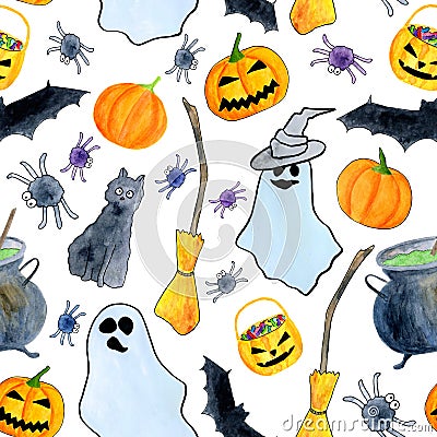 Watercolor Halloween seamless pattern. Hand painted autumn holiday symbols on white background. Pumpkin, witch hat, spider, ghost Stock Photo