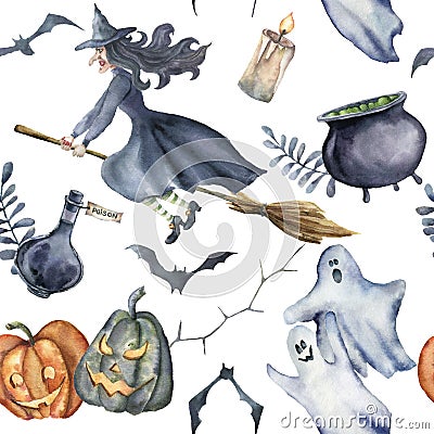 Watercolor Halloween seamless pattern. Hand painted Halloween symbols on white background. Pumpkins, witch hat, candy Stock Photo