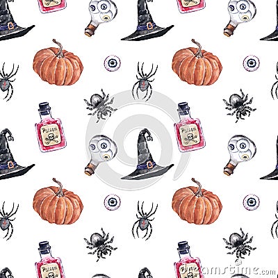 Halloween digital paper. Watercolor seamless pattern with pumpkin, witch hat, spiders, eye ball on white background Stock Photo