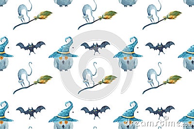 Watercolor Halloween seamless pattern. Hand painted on white background. Cat, bat, broom, owl, wizard`s hat. Stock Photo