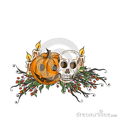 Watercolor Halloween set. Halloween holiday composition with scull, candle and pumpkin on white background Stock Photo