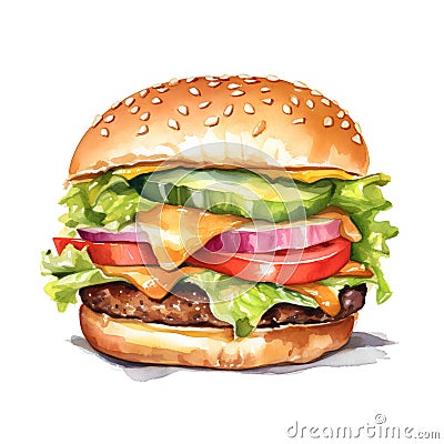 Watercolor hamburger. Hand drawn illustration isolated on white background. Cartoon Illustration