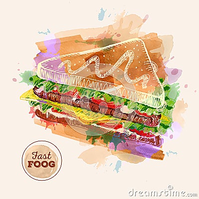 Watercolor Hamburger or Sandwich. Fast Food Vector Illustration