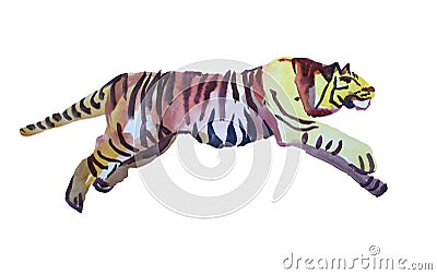 Watercolor hand-drawn abstract jump tiger wild cat isolated on white background. Chinese symbol new year. Orange animal Stock Photo