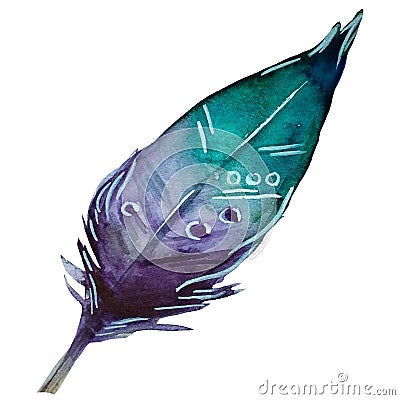 Watercolor hand drawn aquamarine and violet feather with white ornament. Stock Photo