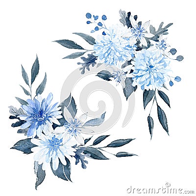Watercolor hand drawn arrangements. Blue and black bouquet. Stock Photo