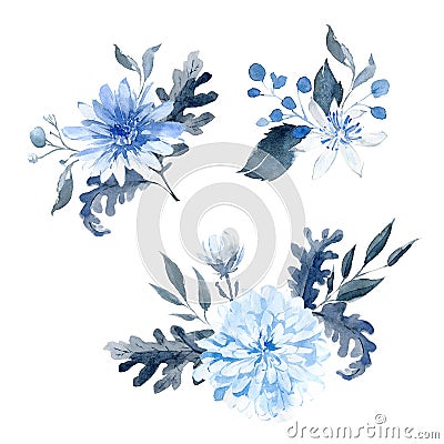 Watercolor hand drawn arrangements. Blue and black bouquet. Stock Photo