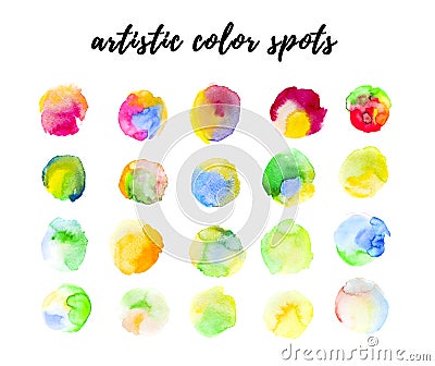 Watercolor hand drawn artistic color spots, paint drops on white background. Stock Photo