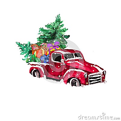 Watercolor hand drawn artistic colorful retro vintage car with Santa Christmas tree and gift boxes isolated on white backgroun Stock Photo