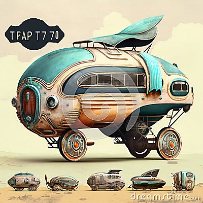 Watercolor hand drawn artistic colorful steampunk retro vintage cars sets Stock Photo