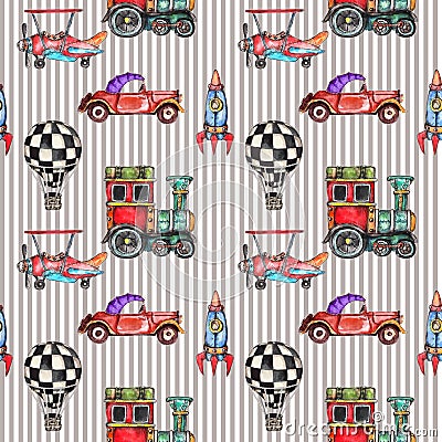 Watercolor hand drawn artistic retro steampunk vehicle vintage seamless pattern Stock Photo