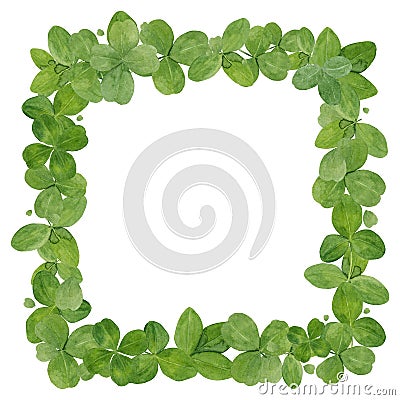Watercolor hand drawn background with green clover leaves square wreath isolated on white. Stock Photo