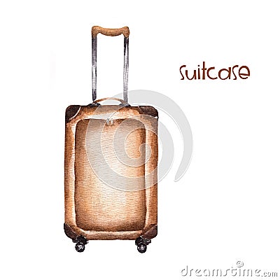 Watercolor hand drawn baggage. Brown suitcase Stock Photo