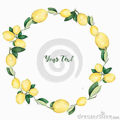 Watercolor hand drawn beautiful round wreath of lemons and branches. Stock Photo