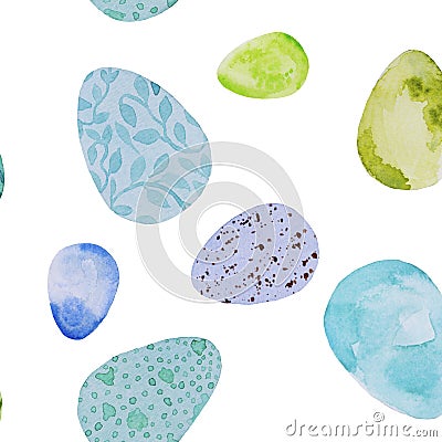 Watercolor, hand drawn blue and green Easter eggs seamless pattern greeting card illustration, isolated on white. Cartoon Illustration