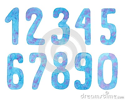 Watercolor hand drawn blue and pink numbers from one to zero Stock Photo