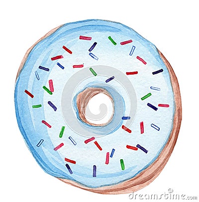 Watercolor hand drawn blue round glazed sprinkle donut isolated on white background Stock Photo