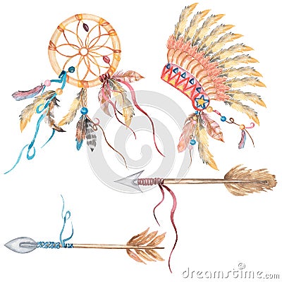 Watercolor hand drawn Boho Cliparts set, Dream Catcher illustration, Feathers Headdress, Arrows, Warbonnets Cartoon Illustration
