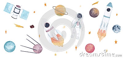 Watercolor hand drawn border with outer space elements rockets, stars, planets, cosmonaut, satellite etc. isolated on white back Stock Photo