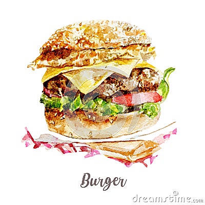 Watercolor hand drawn burger. Isolated illustration on white background Cartoon Illustration