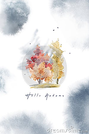 Watercolor hand drawn card with illustration of autumn colorful deciduous trees. Composition with silhouettes of autumn Cartoon Illustration