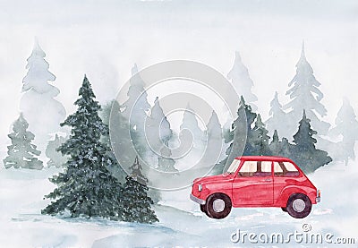 Watercolor hand drawn christmas illustration with red car in winter forest on a snowy day Cartoon Illustration