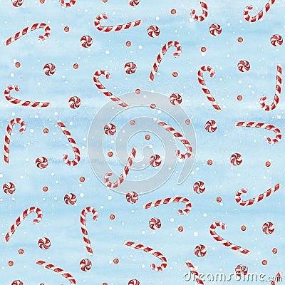 Watercolor hand drawn Christmas seamless pattern with candy canes, stick candy on icy-blue background Stock Photo