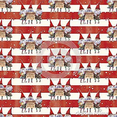 Watercolor hand drawn Christmas seamless pattern with singing Christmas Carol dwarfs on red-white striped background Stock Photo