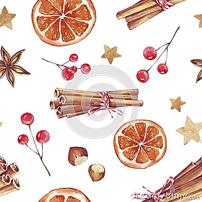 Watercolor hand drawn Christmas seamless pattern with Christmas stockings, candy canes, Christmas decorations, stars and toys on w Stock Photo
