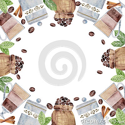Watercolor hand drawn circle frame wreath with coffee bags, leaves, beans, cinnamon spice, jars. Isolated on white Stock Photo