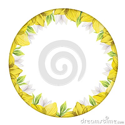 Watercolor hand drawn circle wreath with spring flowers, daffodils, crocus, snowdrops, leaves. Isolated on white Stock Photo