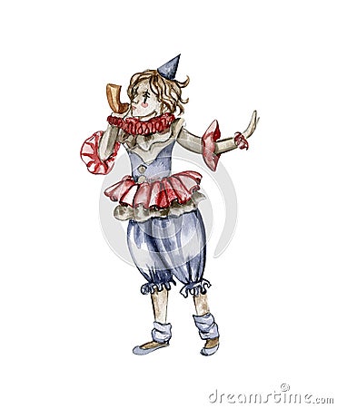 Watercolor hand drawn circus clown vintage style. Perfect for wedding, invitations, blogs, card templates, birthday and baby cards Stock Photo