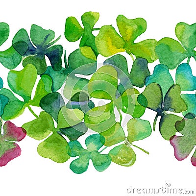 Watercolour clover leaves in seamless border Stock Photo