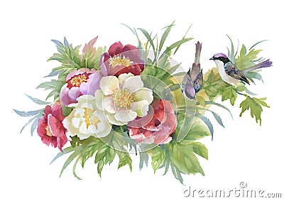 Watercolor hand drawn colorful beautiful flower and birds. Vector Illustration