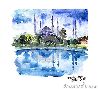 Watercolor hand drawn colorful illustration of Istanbul city view. Cartoon Illustration