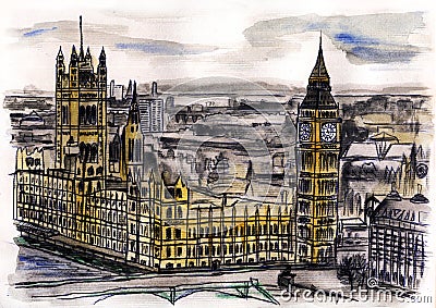 Watercolor hand drawn colorful illustration of London city Cartoon Illustration