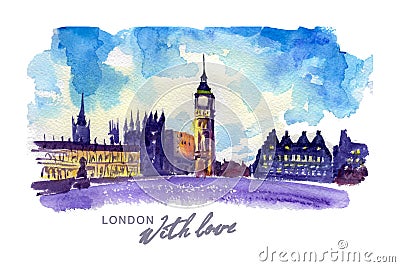 Watercolor hand drawn colorful illustration of London city view. Cartoon Illustration