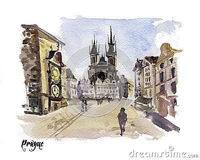 Watercolor hand drawn colorful illustration of Prague city view. Cartoon Illustration