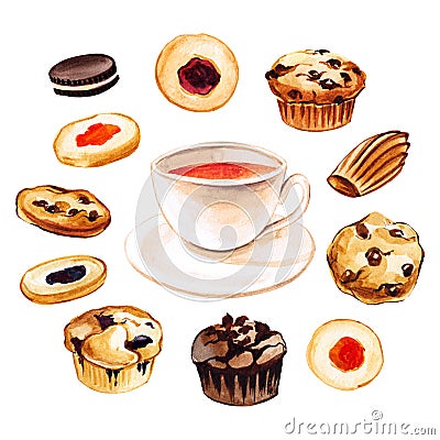 Watercolor hand drawn cup of black tea illustration set with different kind of cookies and muffins isolated on white Cartoon Illustration