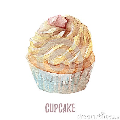 Watercolor hand drawn cupcake perfect for invitations, cards, dinners and menu templates. Stock Photo