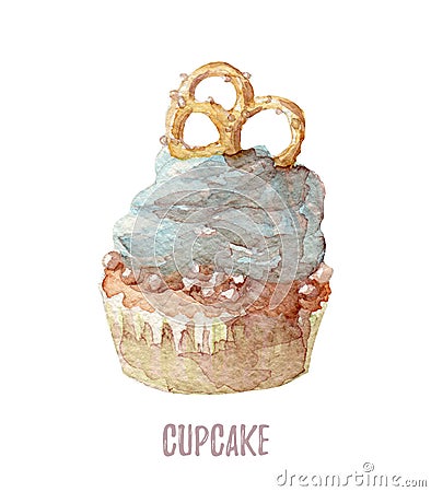 Watercolor hand drawn cupcake perfect for invitations, cards, dinners and menu templates. Stock Photo