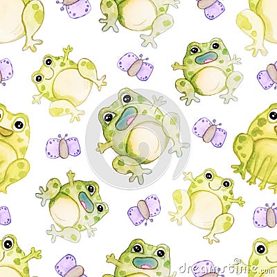 Watercolor hand-drawn cute frogs with butterflies seamless pattern Vector Illustration