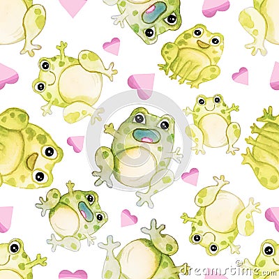 watercolor hand-drawn cute frogs with hearts in a seamless pattern Vector Illustration