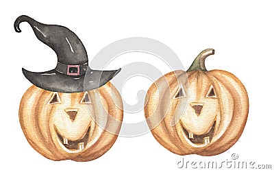 Watercolor hand drawn cute halloween pumpkins clipart set, orange spooky pumpkin with hat illustration, scary elements Cartoon Illustration