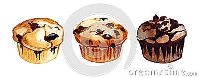 Watercolor hand drawn different muffins illustration set isolated on white background Cartoon Illustration