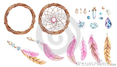 Watercolor hand drawn dream catcher set with pink and beige feathers, crystals, glass beads and golden rings. Design Stock Photo