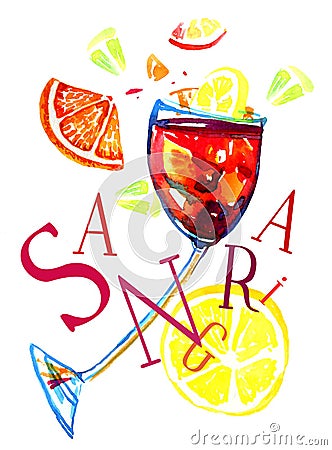 Watercolor hand drawn expressive illustration with glass of sangria, lemons and title Cartoon Illustration