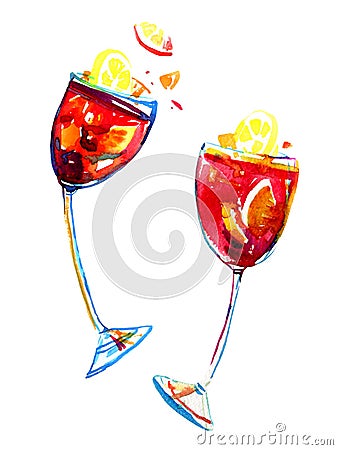 Watercolor hand drawn expressive illustration with glasses of sangria Cartoon Illustration